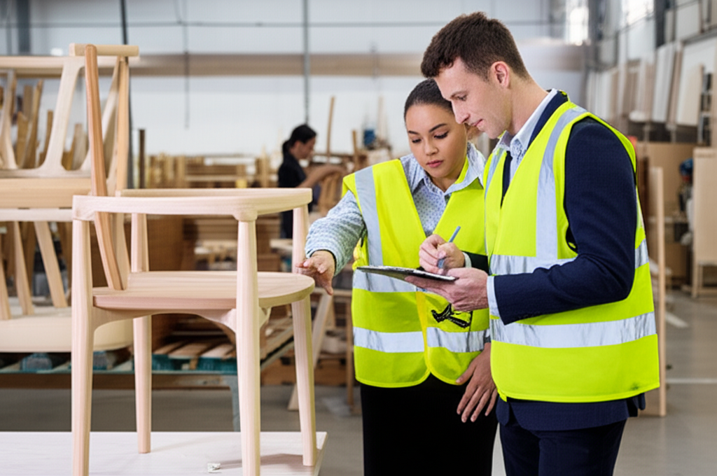 Nuova Casa team inspecting furniture quality at factory